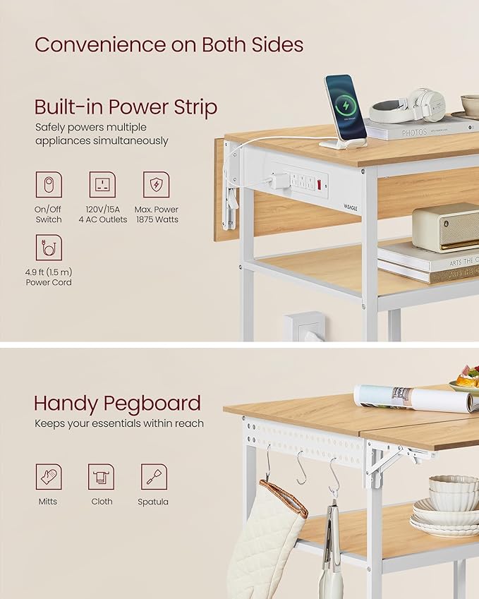 VASAGLE Kitchen Island with Drop Leaf, 47.2" Width Rolling Kitchen Cart with Power Strip, Extendable Worktop, Workbench,Pegboard, Adjustable Shelf, Golden Oak and Cloud White UKKI013Y01