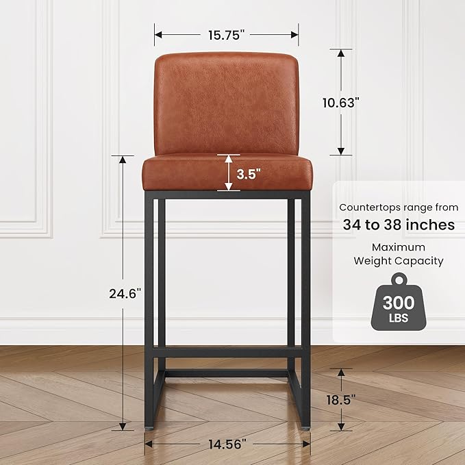 PHI VILLA Bar Stools Set of 2 - Counter Height 24'' Bar Stool Pu Leather Kitchen Modern Bar Chairs, Bar Stools with Back