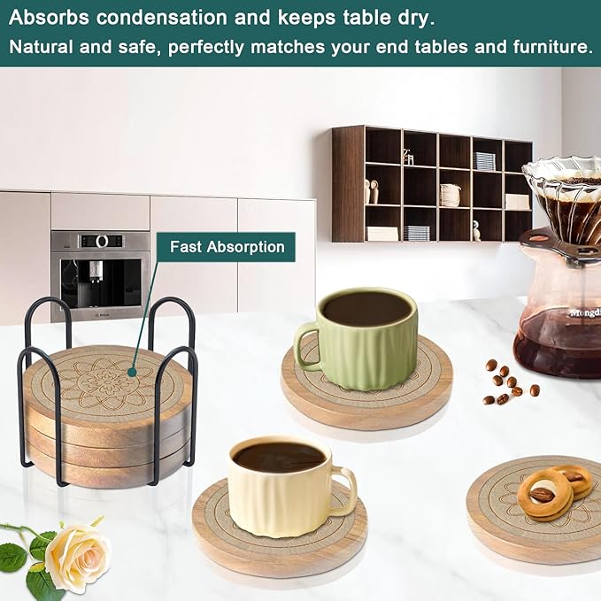 Wood Coasters for Drinks Housewarming Gifts for Home Decoration Coasters Sets of 6 Absorbent Coasters with Holder Funny Coasters for Coffee Tabletop Protection 4.3 Inch Beige, CRB6-B004