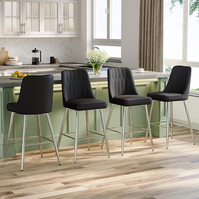 27" Bar Stools Set of 4 - Black Counter Height Bar Stools Set of 4,Faux Leather Kitchen Island Stools with Sturdy Chrome Metal Leg,Counter Height Stools with Backs,Easy to Assemble