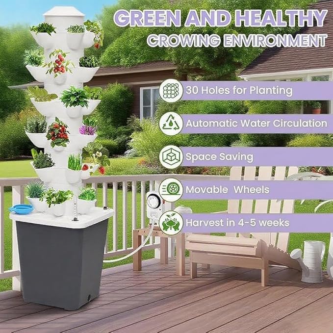 Hydroponics Growing System, 30 pods Hydroponics Tower Growing System Indoor Vertical Garden Planter Indoor Smart Garden Kit with Pump and Movable Water Tank Vegetable Plant Gift for Gardening Lover