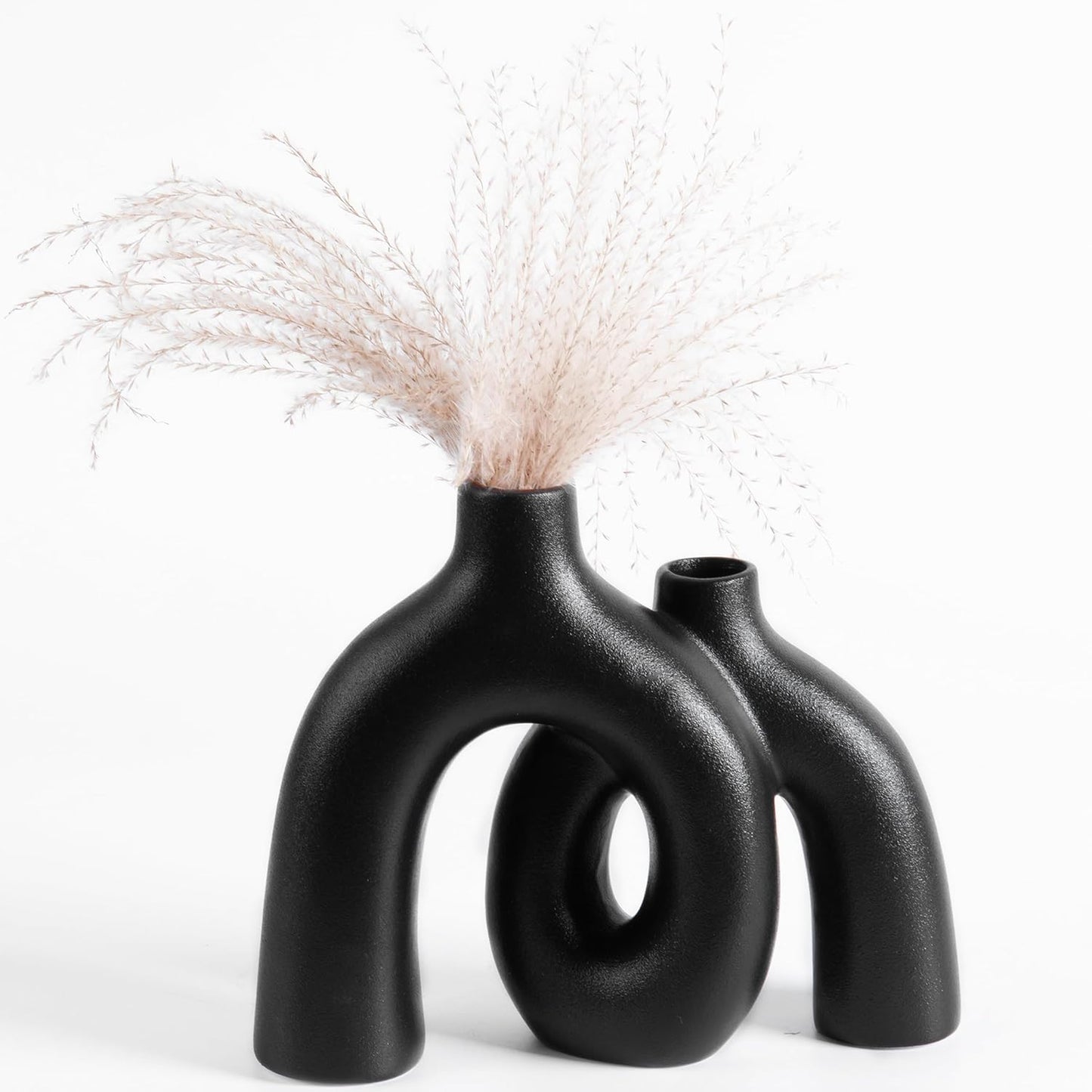 Ceramic Hug Vase (Deep Black) Modern Donut Style Hugging Vases for Flowers Minimalist Decor – Hollow Ceramic Waterproof Home Decor Vases for Living Room, Bed Room, Book Shelf, Entryway Table.