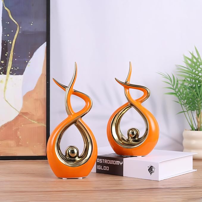 Home Decoration Modern Abstract Art Ceramic Statue Dining Table Decoration Dining Room Office core, Living Room Decoration, Coffee Table Center (Orange Gold, S)