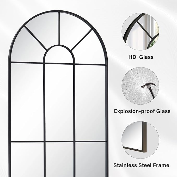 24"×65" Windowpane Arched Full Length Mirror, Grid-Designed Decorative Farmehouse Full Body Floor Mirror with Metal Frame Hanging Leaning for Entryway, Living Room, Home Decor, Black