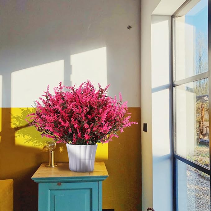 Spring Decoration, Artificial Greenery,Artificial Lavender Flowers Outdoors Fake Shrubs Greenery Plants Indoor UV Resistant Plastic Faux Bouquets for Outdoor Home Garden Porch Decoration(Pink)