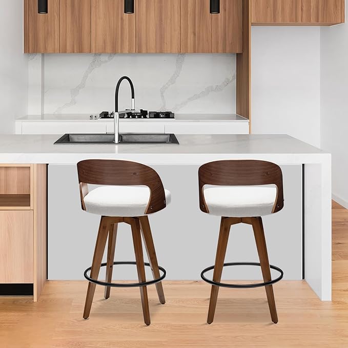 Barstools Set of 3,Counter Height Bar Stools for Kitchen Island,26.8 Inch Modern Upholstered Bar Chair, Swivel Counter Stools with Wood Back and Bamboo Legs (Beige-Fabric)