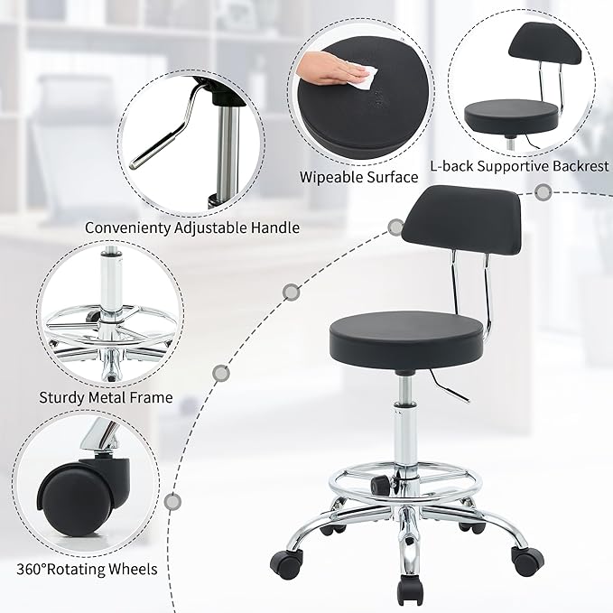 Office Chair with Back (Adjustable Height Posture Stool 19.5"-26.6")(Drafting Chair on Wheels) Work Stool with Footrest (Black)