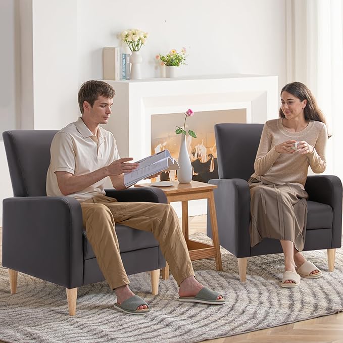 COLAMY Modern Upholstered Accent Chair Armchair with Pillow, PU Leather Reading Living Room Side Chair,Single Sofa with Wood Legs, L-Brown