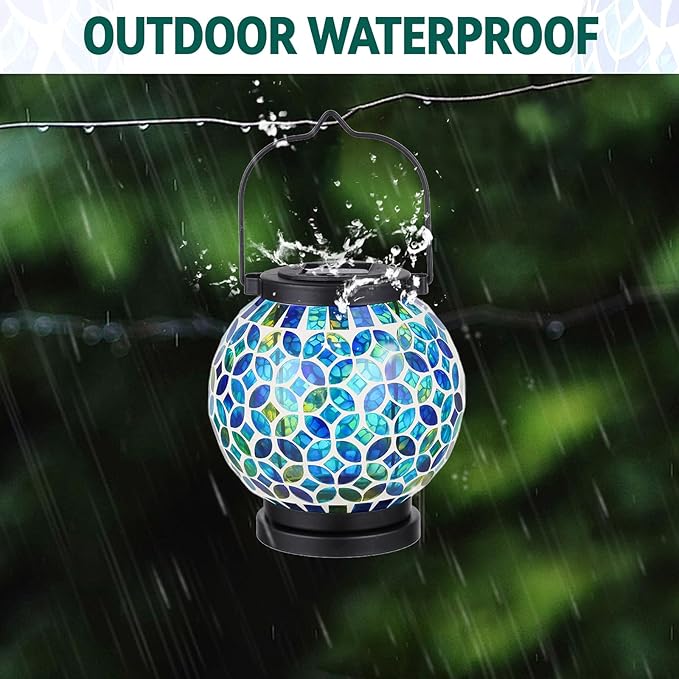 VOREEN Mosaic Solar Lanterns, Handmade Outdoor Glass Hanging Light, Waterproof Solar Table Lamp, Gift for Mom Wife Friend, Decor for Garden, Patio, Yard, Balcony, Green & Yellow, Leaves Pattern
