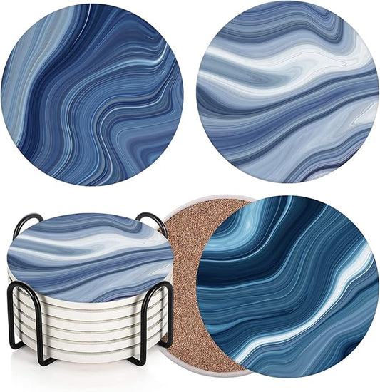 Britimes Coaster for Drinks Set of 6, Vintage Retro Colorful Blue Marble Absorbent Round Ceramic Stone Mat, with Cork Base and Metal Holder, Gift for Housewarming Room Bar Decor