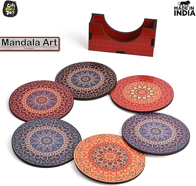 GKD Wooden Coasters for Drinks, MDF Mandala Coasters Set of 6 with Holder, 3.5 inches Eco-Friendly Absorbent Coaster for Coffee Table, Bar, Drinking Glasses, Tabletop Protection