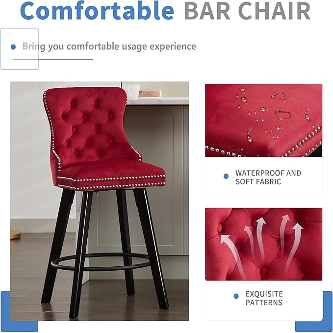 YISHENG Modern Swivel 27" H Seat Set of 6 Velvet Barstools with Backrest and Footrest,Button Tufted Rivet Trim Dining Room Chairs with Metal Pull Ring for Kitchen Island，Bistro, Home Bar，Red