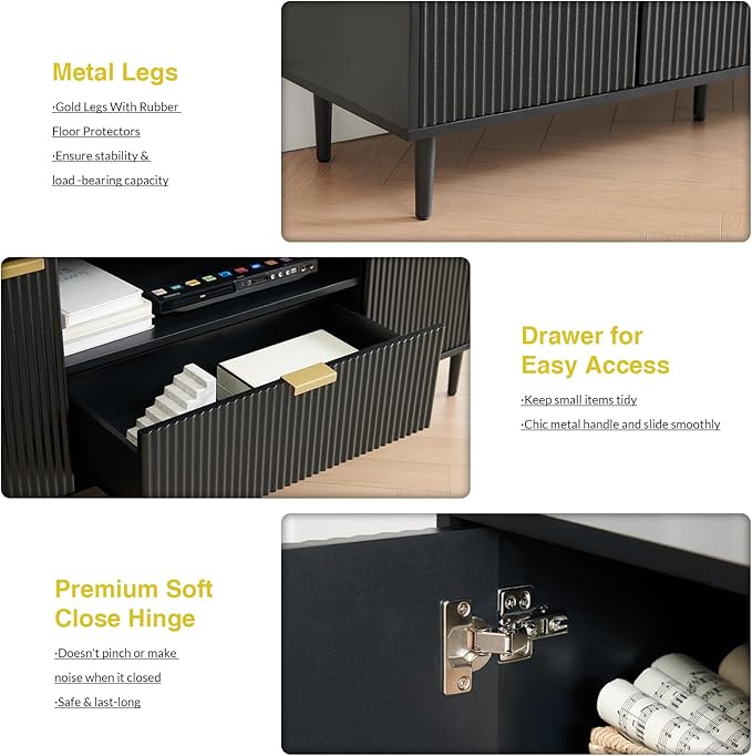 Okvnbjk Black TV Stand for 65 Inch TV, TV Consoles for Living Room, TV Stand for Bedroom w/Drawer and Storage, Wood Fluted Panel Media Console, Entertainment Center w/Soft Hinge & Cable Management