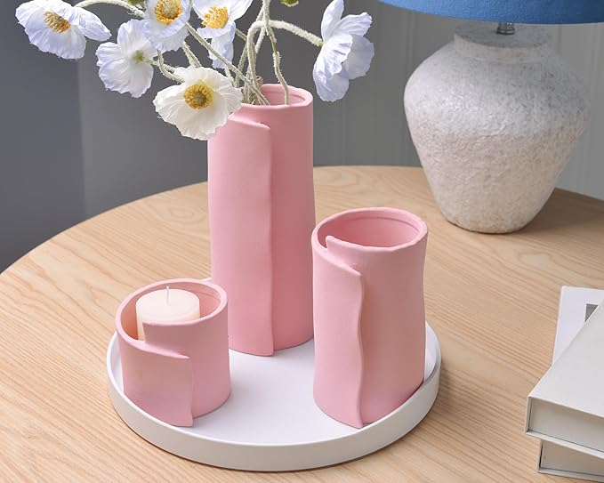 Pointnio Pink Ceramic Flower Vase Set of 3,Small Origami Flower Vases for Room Decor,Modern Boho Farmhouse Vase,Decorative Vases for Home Decor,Living Room, Kitchen, Bedroom