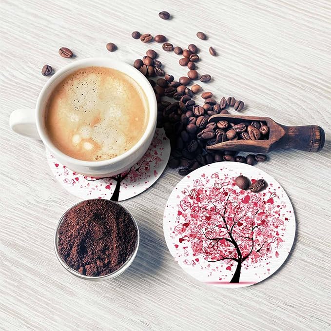 Valentine Tree with Hearts Drink Coasters Modern Wedding Branch Leaf Art Love Symbol Pink Tree Housewarming Presentss for New Home Present for Friends,2 Pcs,4 X 4 X 0.35 Inches