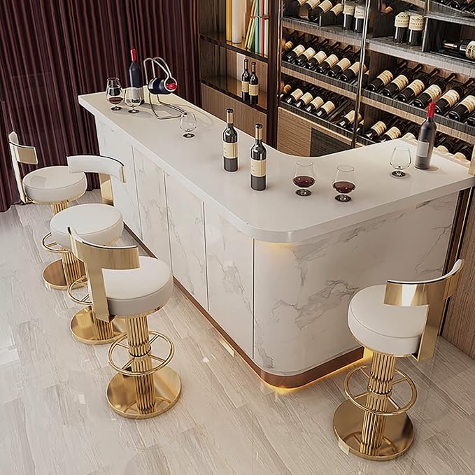 FUNROLUX Counter Height Bar Stools with Back, Modern Adjustable Height Barstools Swivel Bar Chairs with Polished Gold Stainless Steel Legs and Comfortable Cushion for Kitchen Island Counter (White)