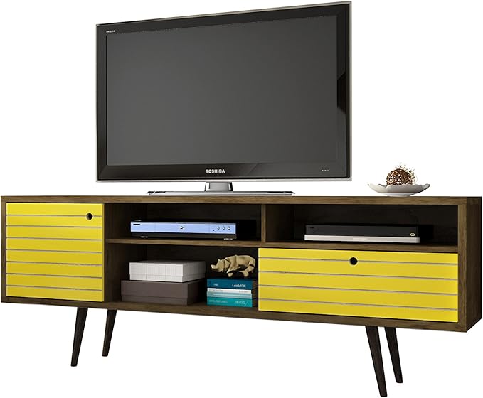 Manhattan Comfort Liberty Mid Century Modern TV Stand for Televisions up to 65 Inches, Bedroom and Living Room Entertainment Center with Storage, Shelves, and Cabinet, 71" Wide, Rustic Brown/Yellow