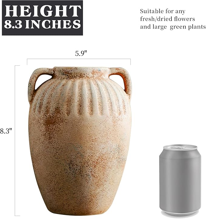 8.3 Inch Tall Large Ceramic Rustic Flower Vase for Home Office Decor, Boho Farmhouse Living Room Coffee Table Kitchen Bedroom Bathroom Wall Decor Aesthetic, Vintage House Shelf Decor -Beige