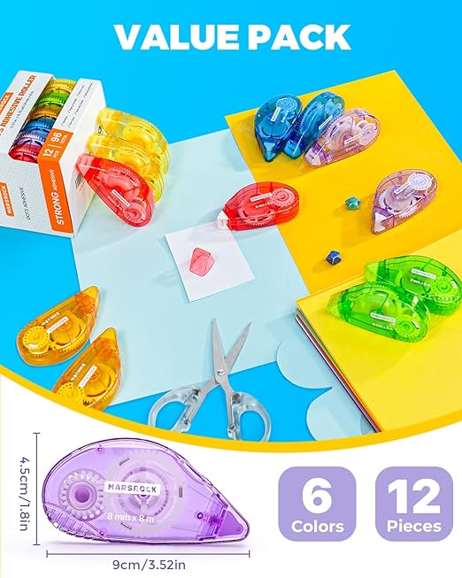 Double-Sided Adhesive Dots Roller – 12 Pack (0.31IN x 26FT) Dots Glue, Craft & Scrapbook Supplies for Gift Wrapping, Scrapbooking, and Photo Tape