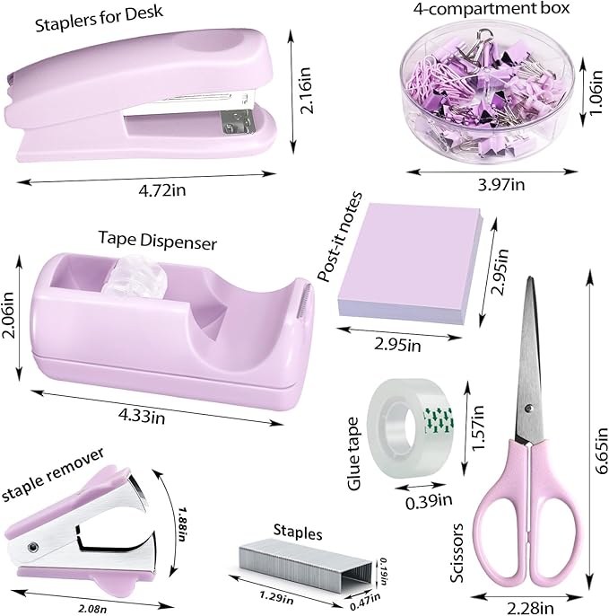 Purple Office Desk Accessories,Purple Office Supplies Set, Desk Drawer Organizer,Stapler and Tape Dispenser Set,Tape,Staple Remover, Staples, Paper Clips, Scissor and Sticky Note