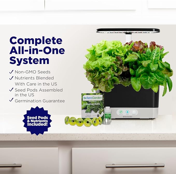 AeroGarden Harvest Indoor Garden Hydroponic System with LED Grow Light and Herb Kit, Holds up to 6 Pods, White