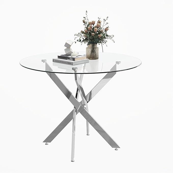 Round Glass Dining Table with Silver Crossed Legs, 35.5" Modern Style Kitchen Table for Dining Room Kitchen, Silver