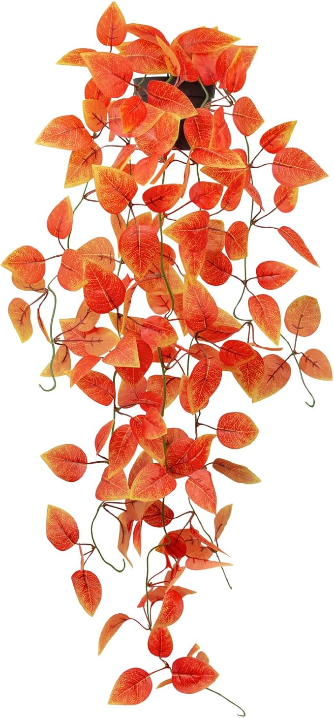 LOYWREE Small Artificial Plants Hanging Potted Fall Foliage - Orange Faux Ivy Vine & Pothos for Shelves. Ideal for Home, Office, Indoor & Outdoor Gardens (Black Pot)