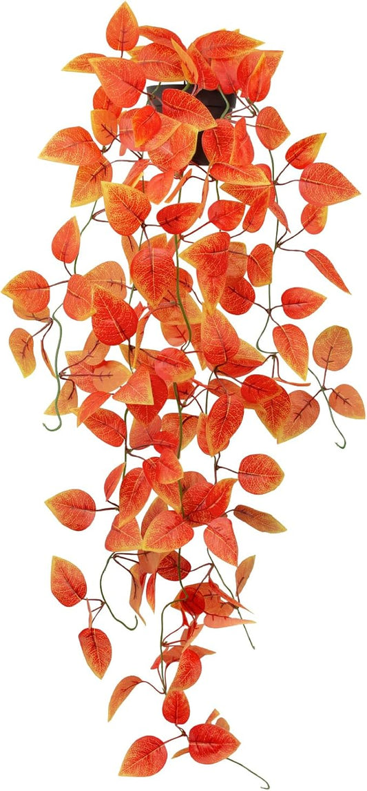 LOYWREE Small Artificial Plants Hanging Potted Fall Foliage - Orange Faux Ivy Vine & Pothos for Shelves. Ideal for Home, Office, Indoor & Outdoor Gardens (Black Pot)