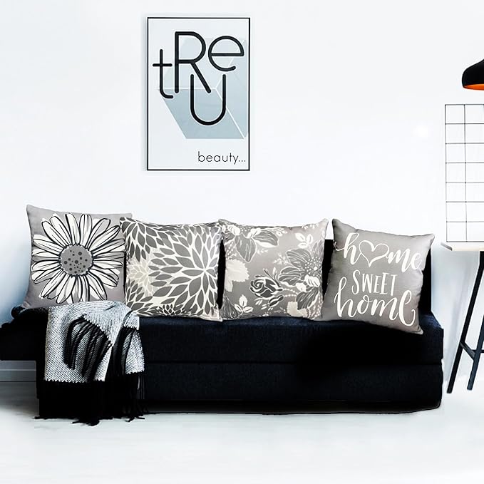 Grey Decorative Throw Pillow Covers Set of 4 Gray Pillow Covers 20x20 inch Throw Pillow Cases Linen Square Pillow Case,Farmhouse Outdoor Modern Boho Pillow Covers for Couch Sofa Living Room