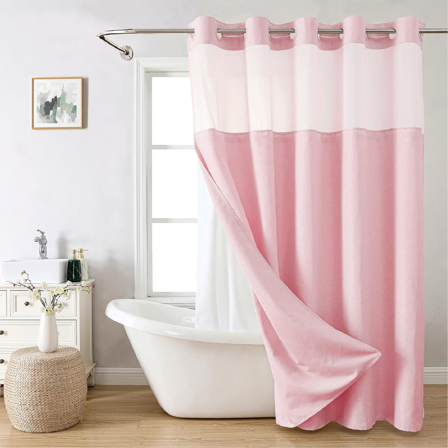 Long No Hooks Needed Linen Textured Shower Curtain with Snap-in Fabric Liner Set,Hotel Luxury Decor Shower Curtains for Bathroom,Waterproof & Washable,71Wx80H,Pink