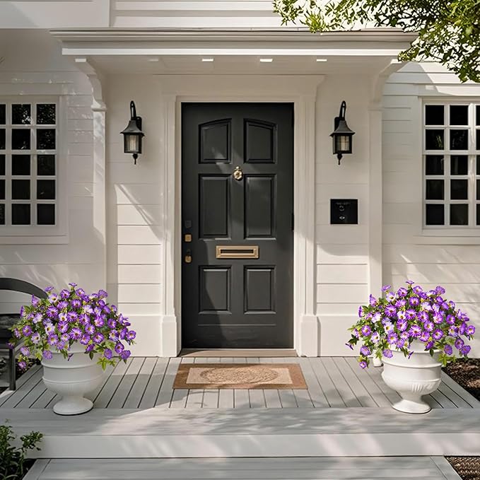 Artificial Flowers for Outdoor Decoration Spring Summer Fake Plants, 2PCS Faux Flower Silk Petunias UV Resistant Realistic for Porch Planter Balcony Home Garden Yard Decor Purple White