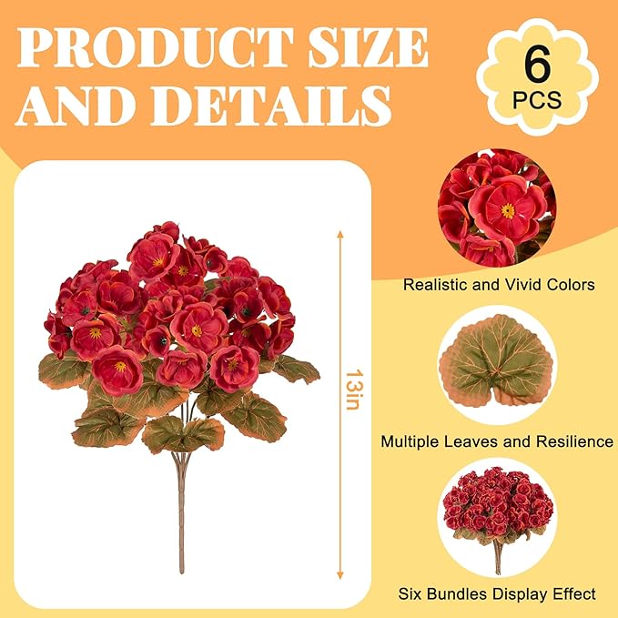 Fake Fall Flowers Artificial for Outdoors Decoration, 6 Bundles Faux Geranium Silk Flower Outside UV Resistant No Fade Artificial Floral for Home Garden Balcony Indoor Table Centerpieces Decor