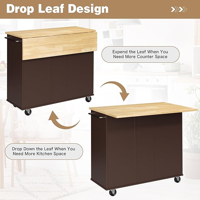 Shintenchi Kitchen Island with Folding Drop Leaf, Rolling Island Table with Storage, Kitchen Cabinet on Wheels with Seating Area for Kitchen, Bar Cart with Cabinet, Brown