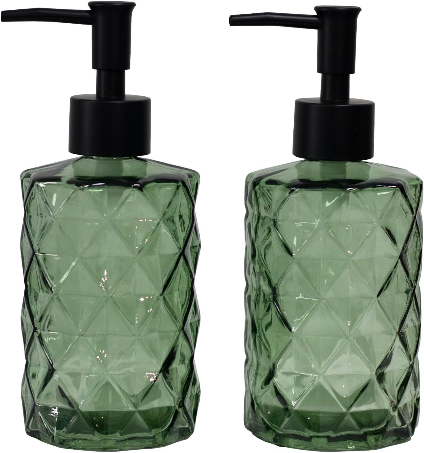 Green Glass Soap Dispenser with Black Plastic Pump, 12oz Refillable Liquid Hand Soap Dispenser, 2 Pack Crystal Lotion Bottle for Modern Home Decor, Bathroom, Kitchen Countertop, Hotel