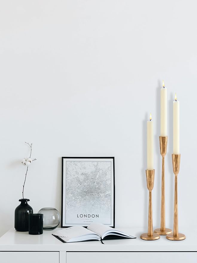 Brass Iron Taper Candle Holder Set of 3, Heavy Wrought Iron Candlestick Holders Decorative Candle Stand, Vintage Candle Holder for Wedding, Dining, Home Decoration