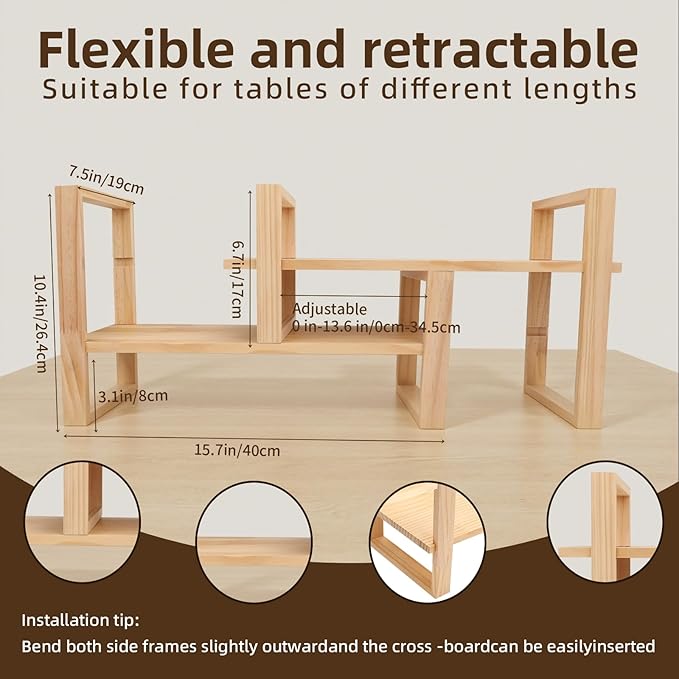 Adjustable Desktop Bookshelf,Bookshelf No Assembly Required, DIY Multi-Combination Shelves Organizer for Home Office Supplies,and Dresser, True Natural Pine Wood, White