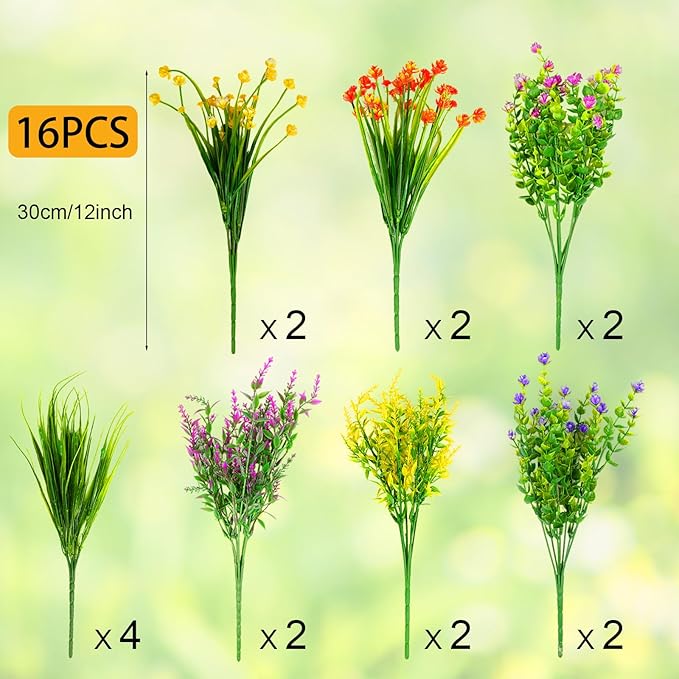 16 Bundles Artificial Flowers for Outdoors Decorations, Plastic Fake Flowers Colorful Faux Flowers Realistic UV Resistant for Garden Patio Porch Window Box Home Outdoor Decor (Mixed Flowers)