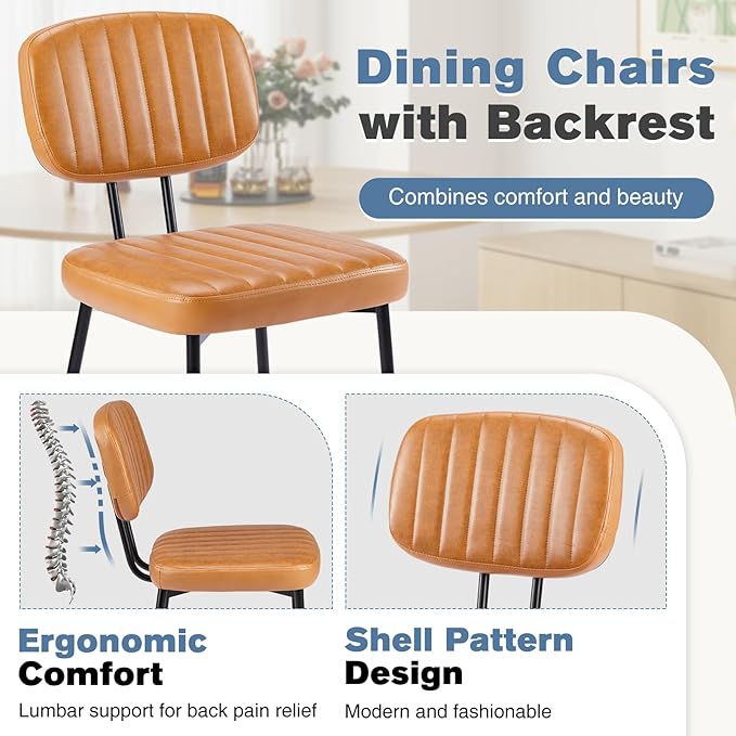 DUMOS Dining Chairs Set of 2, Upholstered Mid-Century PU Leather Accent Chair with Backrest and Metal Legs for Kitchen, Living Room, Brown