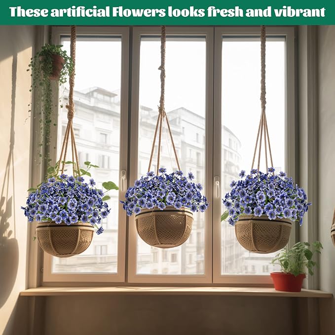 Lnoicy 24 Pcs Artificial Flowers for Outdoor,Plastic Flowers Decoration, UV Resistant Faux Flowers Shrubs, Artificial Plants for Indoor Outside Garden Home Wedding Farmhouse(Blue)