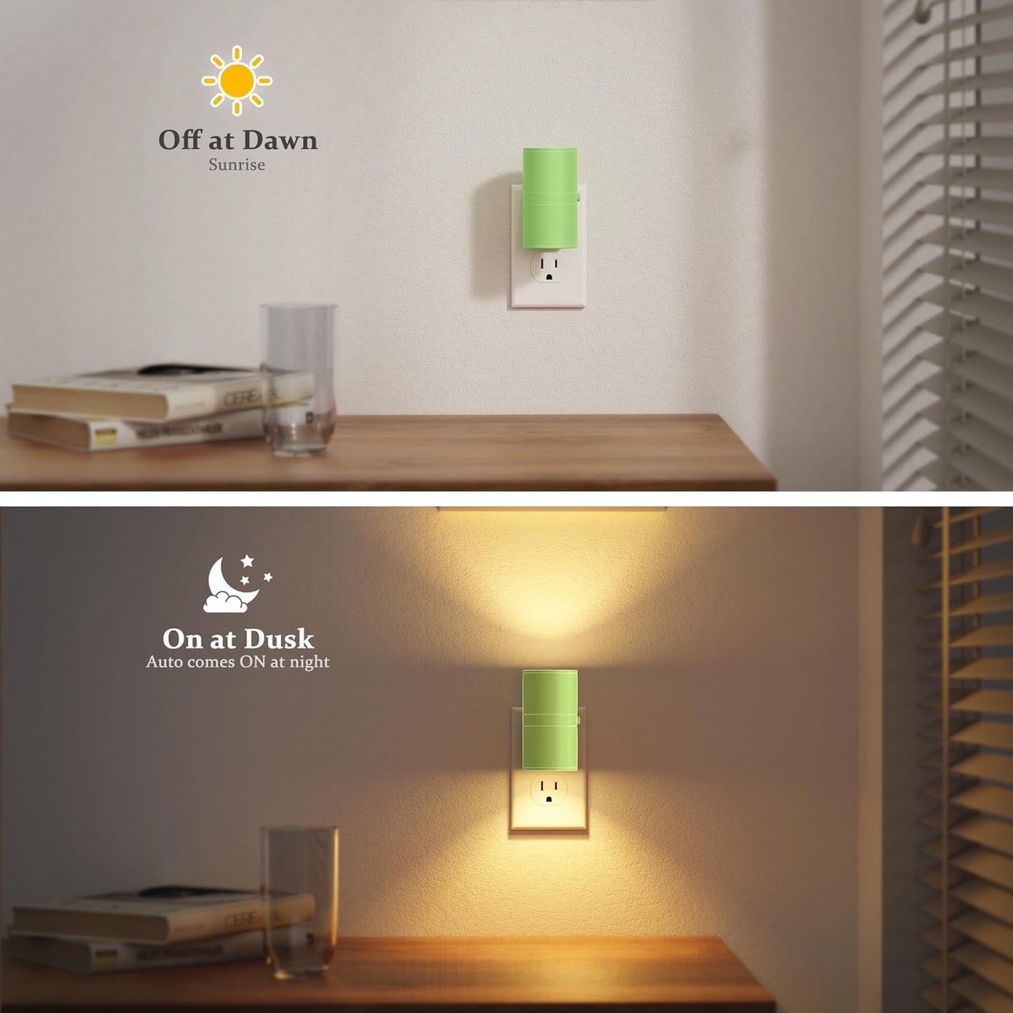JandCase Night Lights Plug into Wall, Dimmable Night Light Plug in with Green Shade, Modern Night Lights with Dusk to Dawn Sensor, Soft White 3000K, 0-100LM Nightlight for Hallway Bedroom, 2 Pack