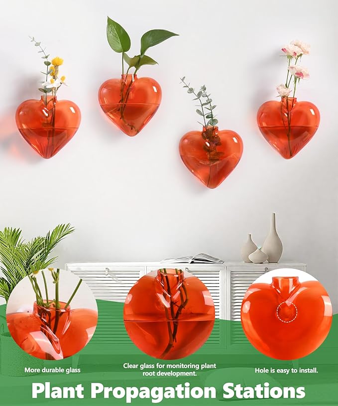 Nacome Wall Hanging Glass Planter Terrarium Plant Propagation Station, 4 Pack Heart Shape Vase for Hydroponic Home Office Garden Decor,Unique Gardening Gifts for Plant Lovers Women Mom(Orange)