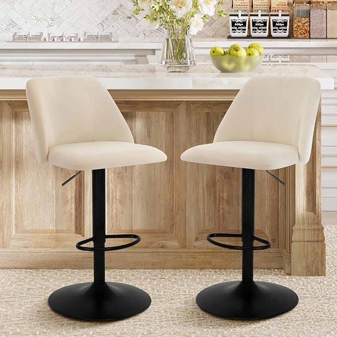 COLAMY Bar Stools Set of 3, Modern Swivel Bar Chairs, Adjustable Upholstered Barstools Counter Height with Full Backrest for Bar, Dining Room, Kitchen Island, Beige