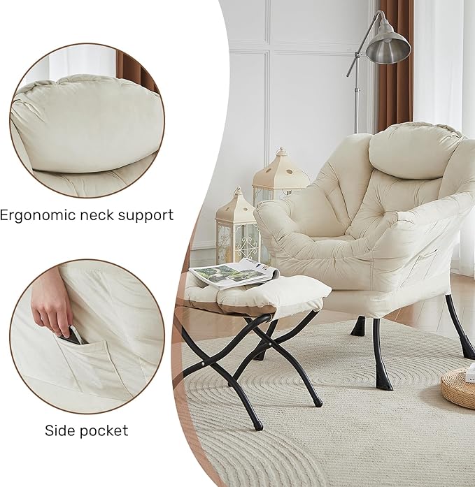 HollyHOME Fabric Lazy Chair with Foldable Ottoman, Accent Comfy Lounge Arm Chair and Folding Footrest Stool Set, Leisure Sofa Reading Chair and Footstool for Living Room, Bedroom, Dorm, Beige