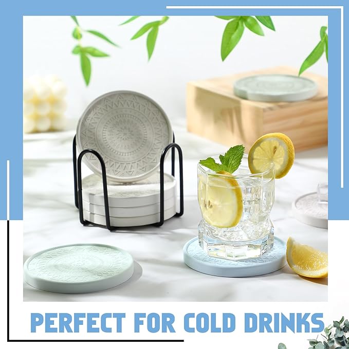Photect Diatomaceous Earth Coasters Set with Holder Absorbent Stone Drink Coasters Instant Drying Tray for Tabletop Protection Home Decoration Housewarming Gift(Green,8 Pcs)