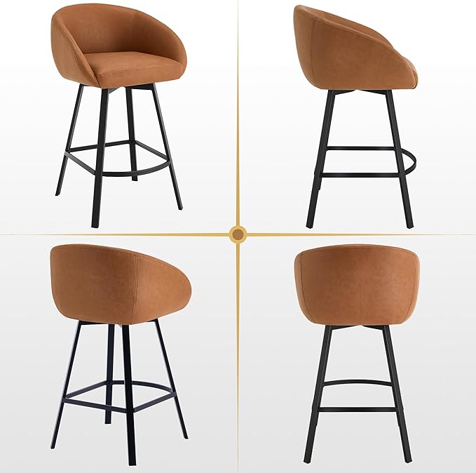 Zesthouse Swivel Counter Height Stools Set of 4, Modern Barrel Bar Stools for Kitchen Island, 26" Upholstered Kitchen Counter Height Barstools with Barrel Arms & Back, Brown Faux Leather Bar Chairs