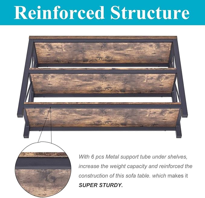 BON AUGURE Industrial Sofa Console Table for Entryway, 3 Tier Foyer Table for Hallway, Rustic Hall Tables Behind Couch (47 Inch, Rustic Brown)