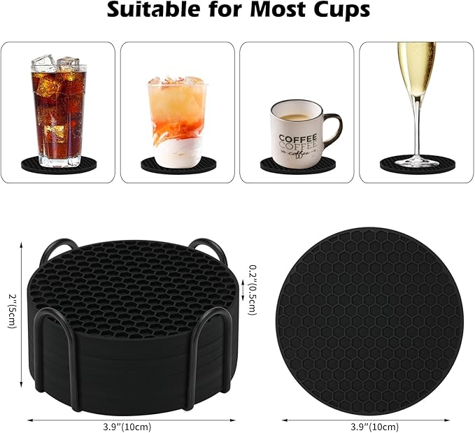 Silicone Coaster Set of 16 with Holder - Anti-Slip, Non-Stick, Anti-Overflow Tabletop Protection and Decor (Black, 16 Pcs)