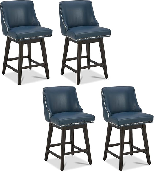 CHITA Counter Height Swivel Bar Stools Set of 4, FSC Certified Upholstered Counter Stools, Modern Swivel Barstools with Wood Legs for Kitchen Island, 26" Seat Height, Faux Leather in Blue