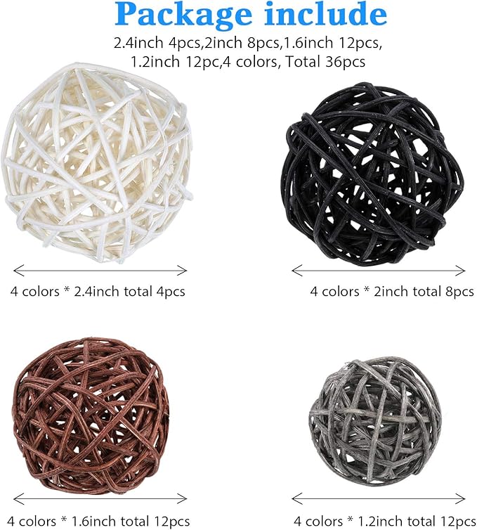 Patelai 36 Pcs Wicker Rattan Balls Decorative Balls for Vase Centerpiece Bowls Orbs Filler for Home Decor,4 Sizes(White, Dark Gray, Brown, Black)