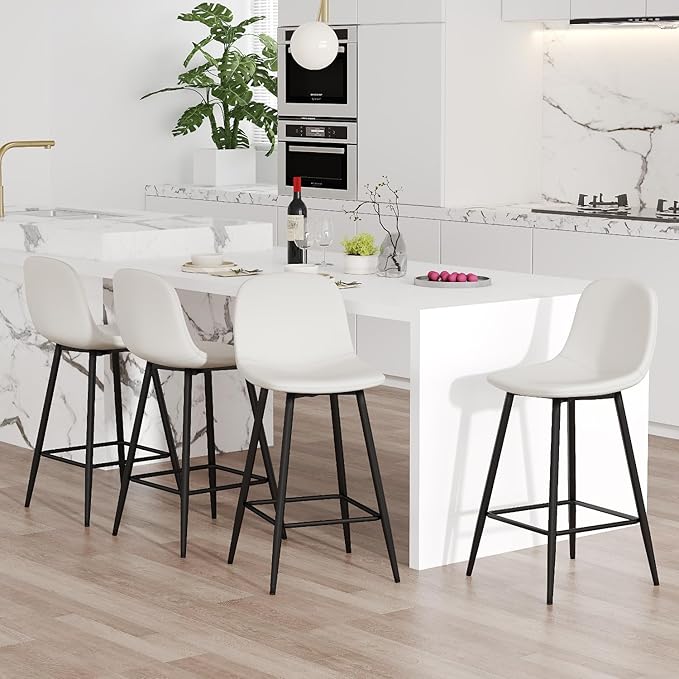 White Barstools Set of 4, 24.6" Counter Height Bar Stools with Back & Metal Footrest, Modern Island Chairs Set of 4 for Kitchens Island Home Bar